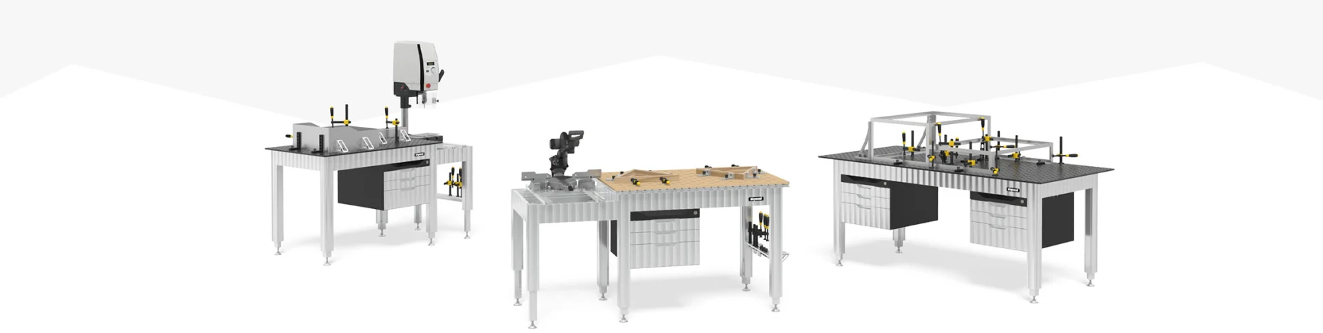 établis Siegmund avec accessoires de bridage pour différentes applications en atelier bois et métal