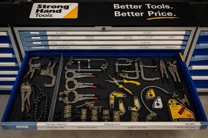 Tiroir d'atelier horizontal Strong Hand Tools contenant différents accessoires de bridage et de soudure rangés dans une mousse de protection : pinces étau, serre-joints, aimants de soudure, pinces à chaîne et accessoires de positionnement.