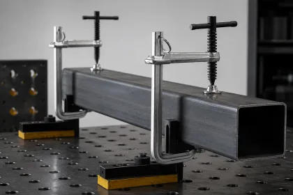Serre-joints et pinces de soudure Strong Hand Tools utilisés pour maintenir des pièces métalliques avant assemblage sur une table de soudure.