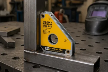 outils magnétiques soudure permettant le maintien de profilés métalliques à 90° grâce à une équerre magnétique de soudage.