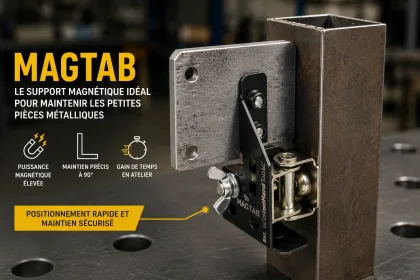 Support magnétique MagTab Strong Hand Tools pour maintenir et positionner des pièces métalliques à 90° avant soudage.