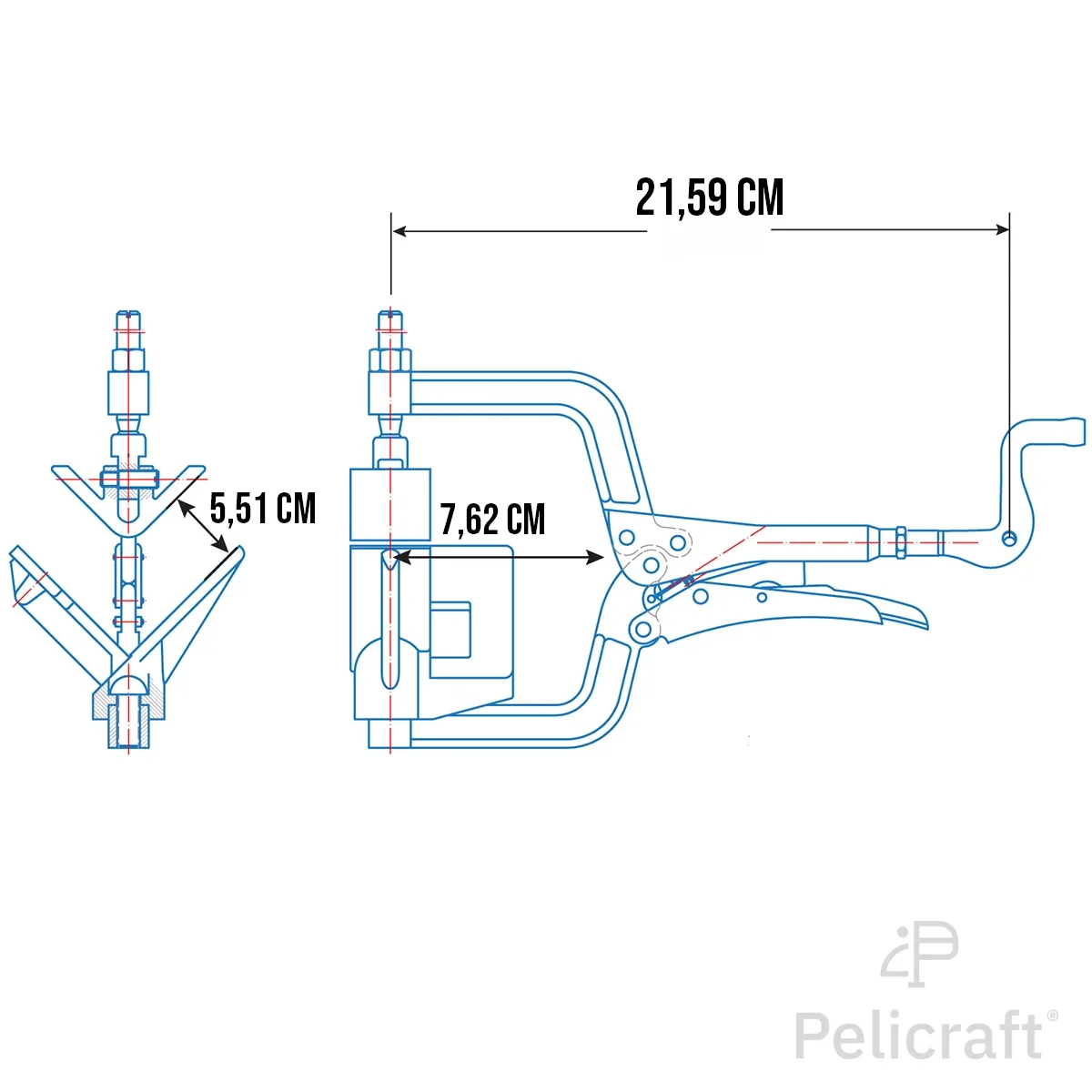 Schéma coté Pince Étau Angle 90° Une Main PL634 - vue 2