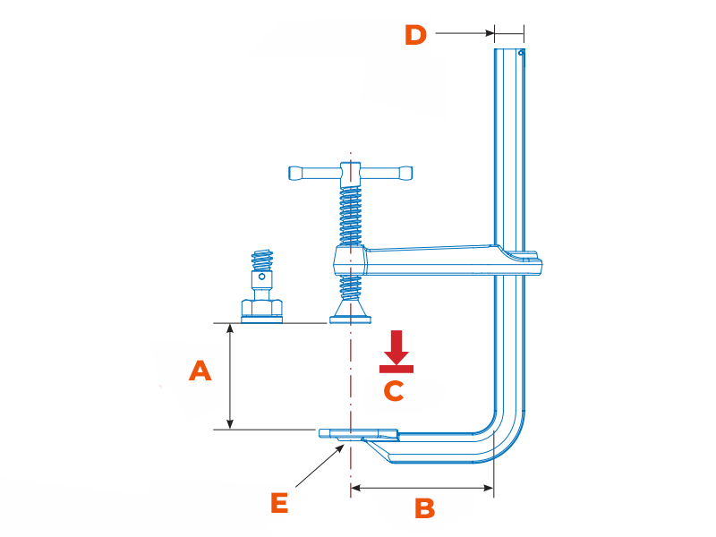 Schéma de cotation serre-joint 4 en 1 : capacité, gorge, force, rail, trou taraudé